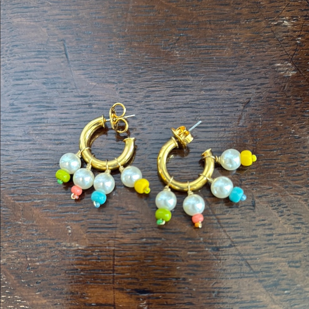 Gold and White Hoop Earrings with Dainty Beads